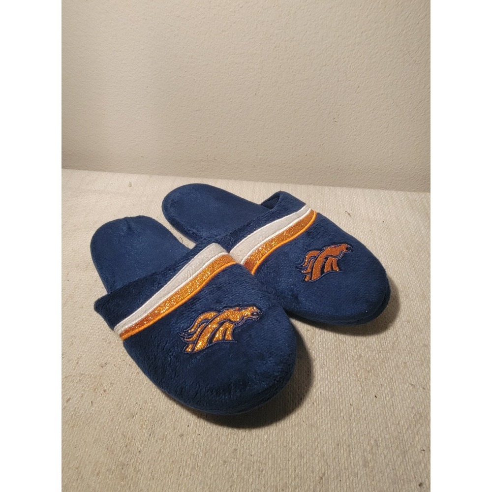 Denver Broncos Blue Orange Glitter Logo‎ SLIDE SLIPPERS Women's XL 11-12 EUC
